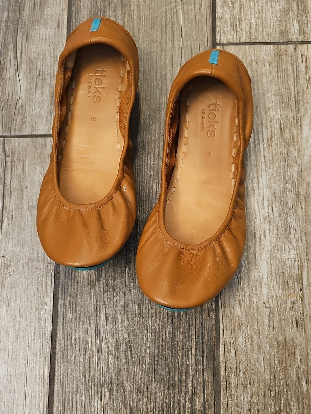 Tieks Cognac Leather Ballet Flats with Turquoise Accent